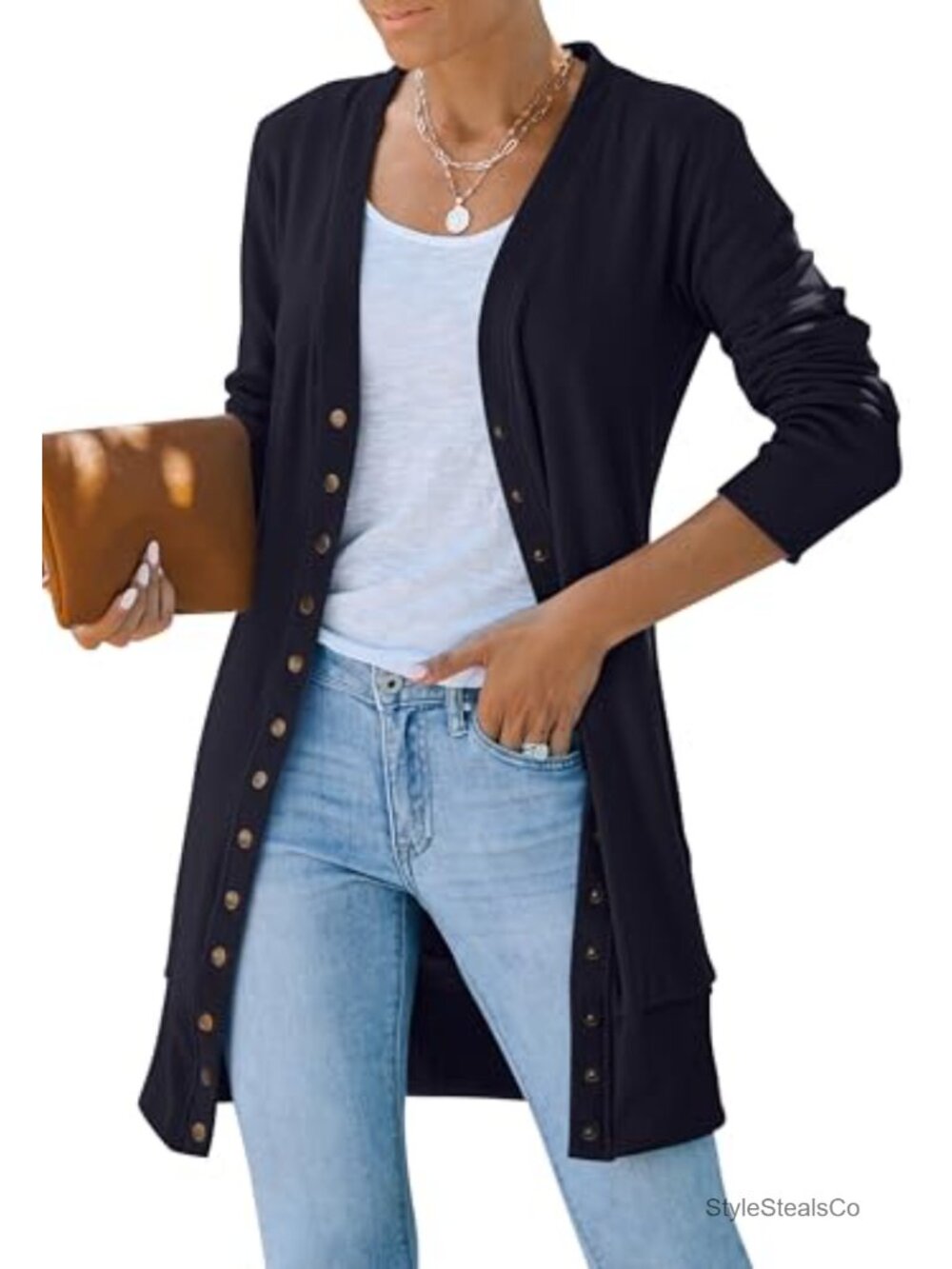 Lightweight Long Cardigan Sweater V-Neck Snap Button Knit